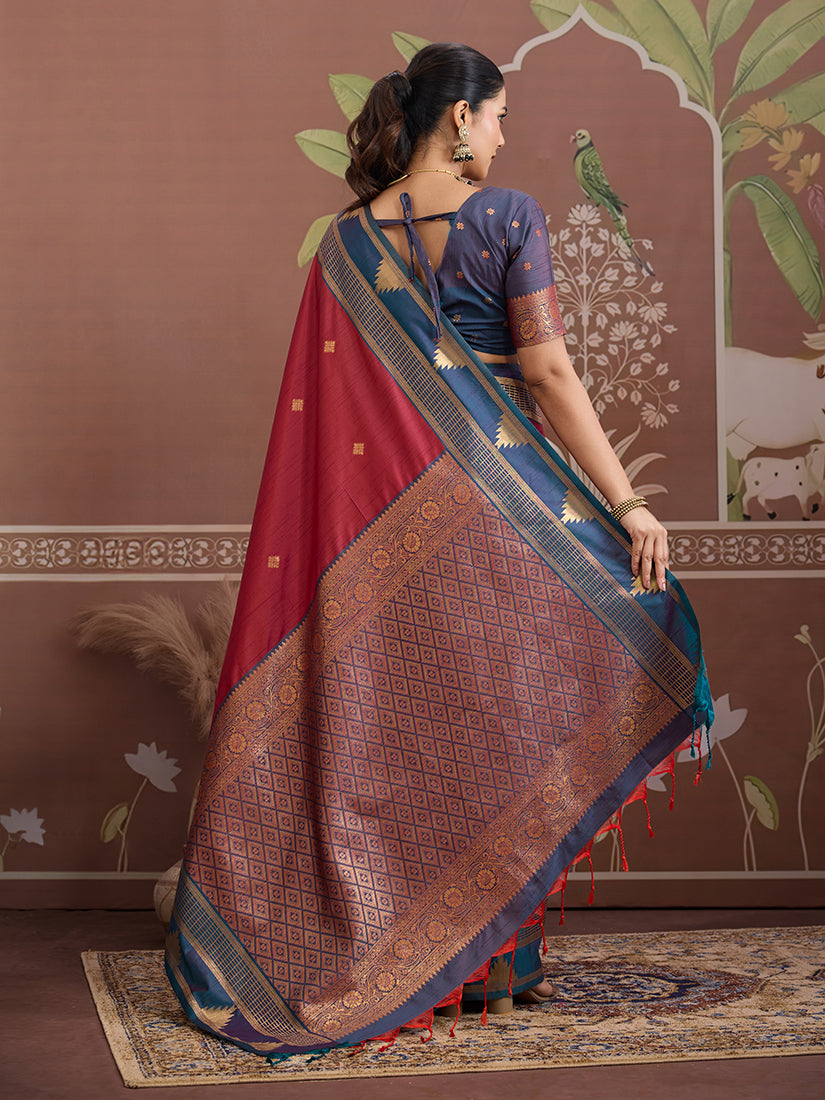 Maroon Weaving Work Tussar Silk  Saree