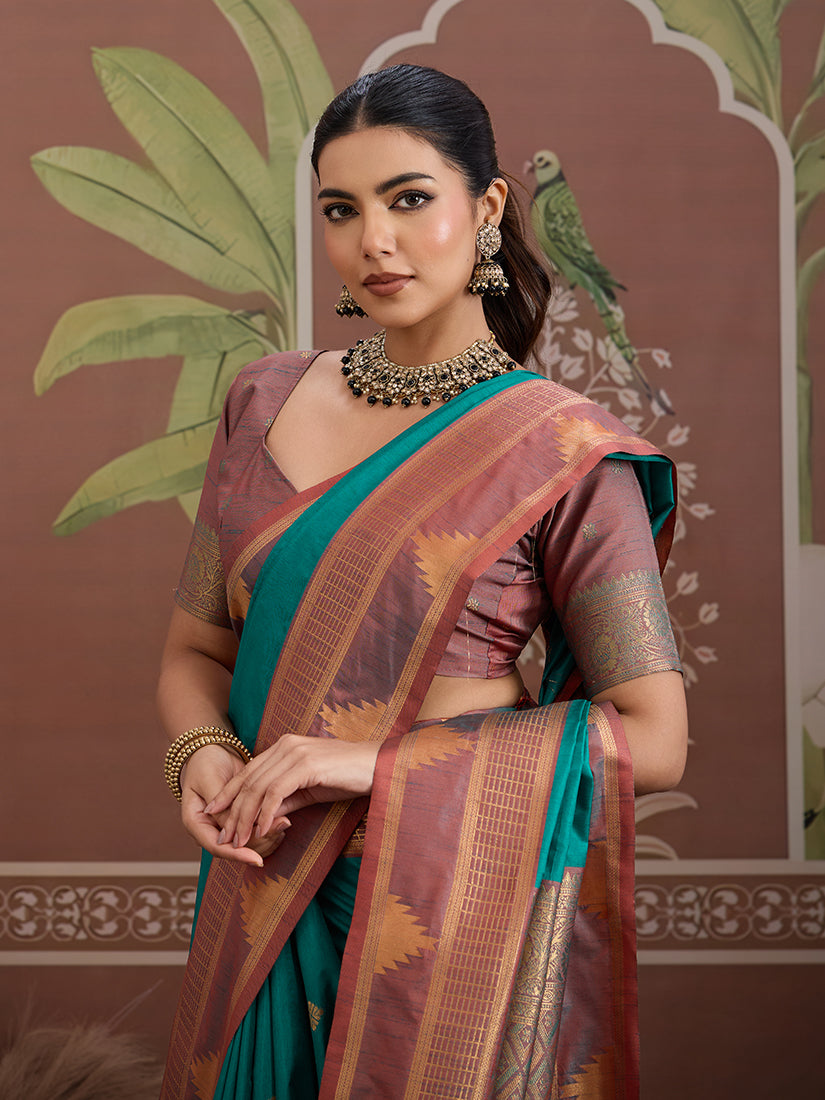 Turquoise Weaving Work Tussar Silk  Saree