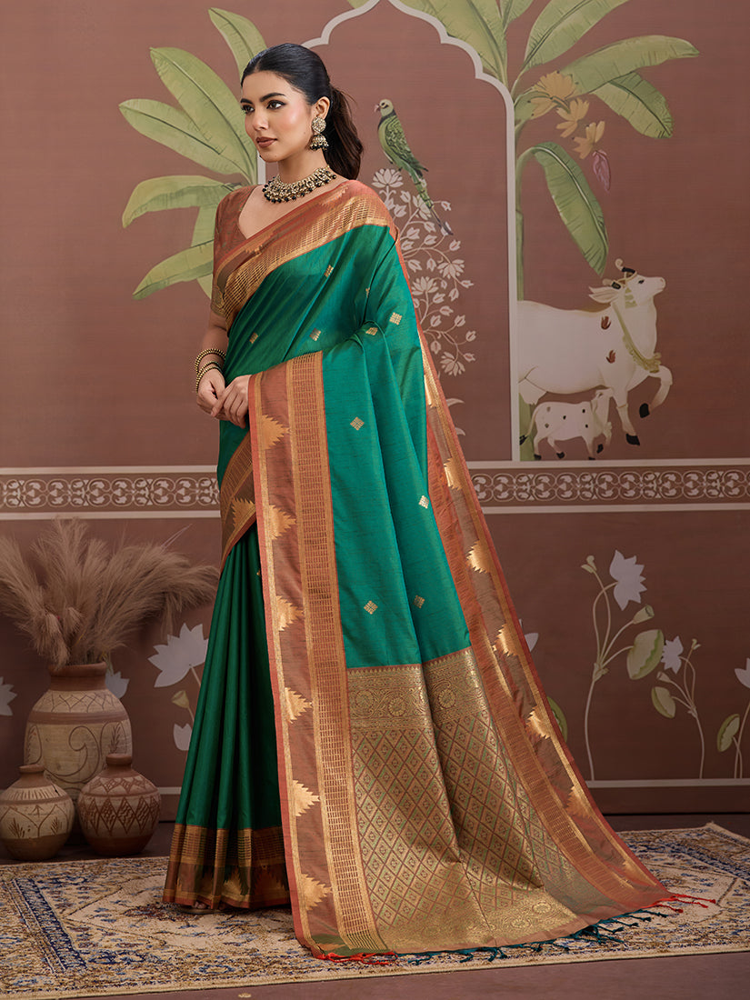Green Weaving Work Tussar Silk  Saree