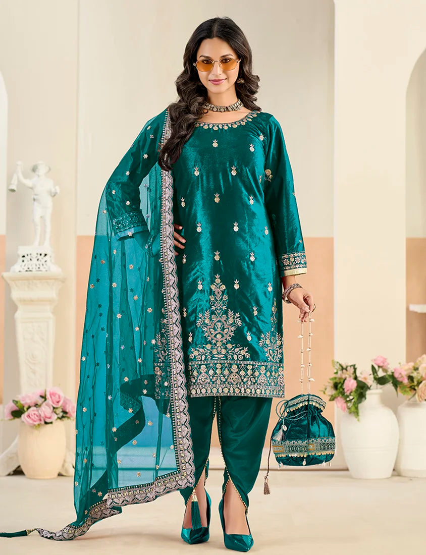 Teal Velvet Punjabi Suit with Patiala Salwar, front