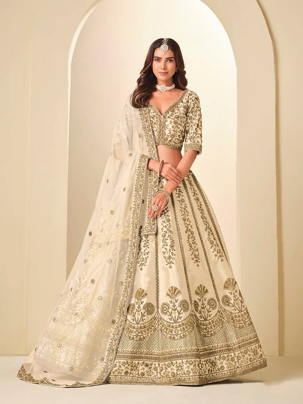 Cream Art Silk Ornate Panel Lehenga Choli, front