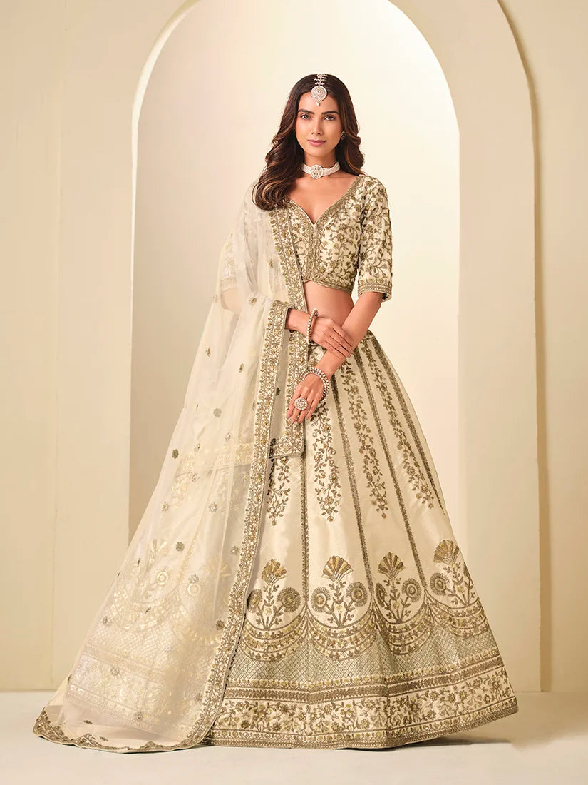 Cream Art Silk Ornate Panel Lehenga Choli, front