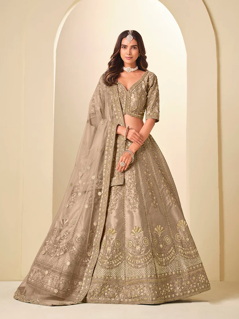 Beige Art Silk Ornate Panel Lehenga Choli, front