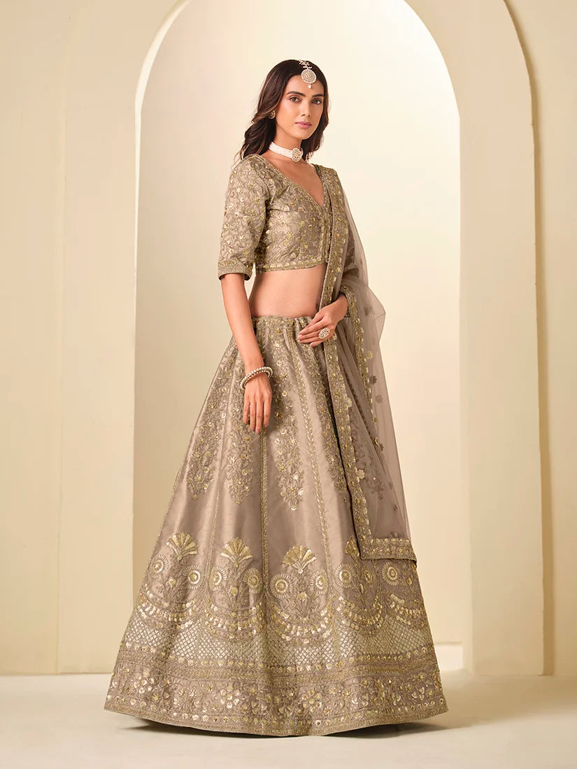 Beige Art Silk Ornate Panel Lehenga Choli, side