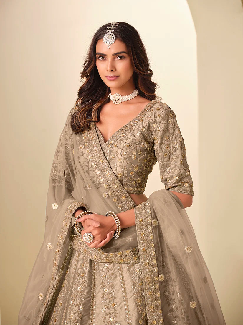 Beige Art Silk Ornate Panel Lehenga Choli, choli and dupatta detail