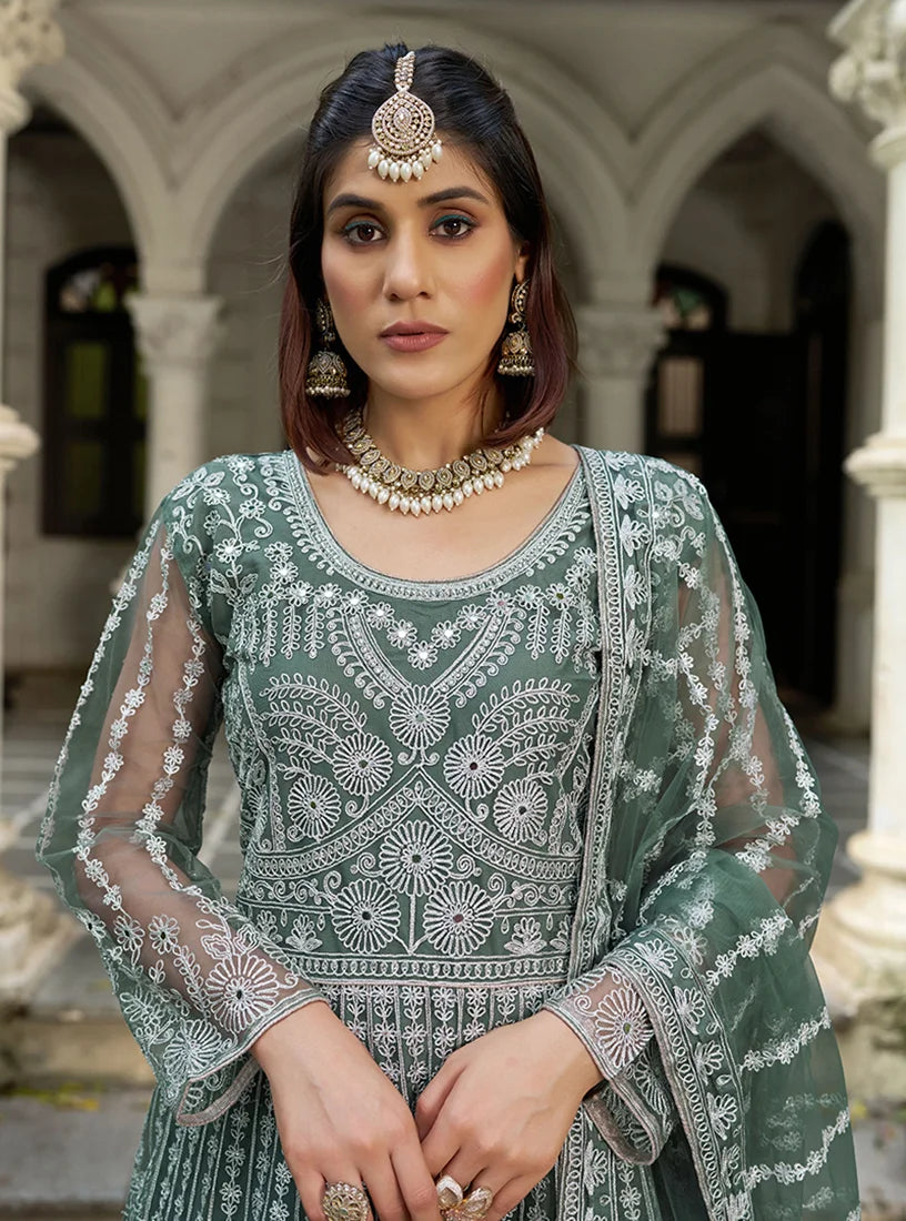 Sea Green Net Anarkali with Arch Panel Embroidery, neckline close-up