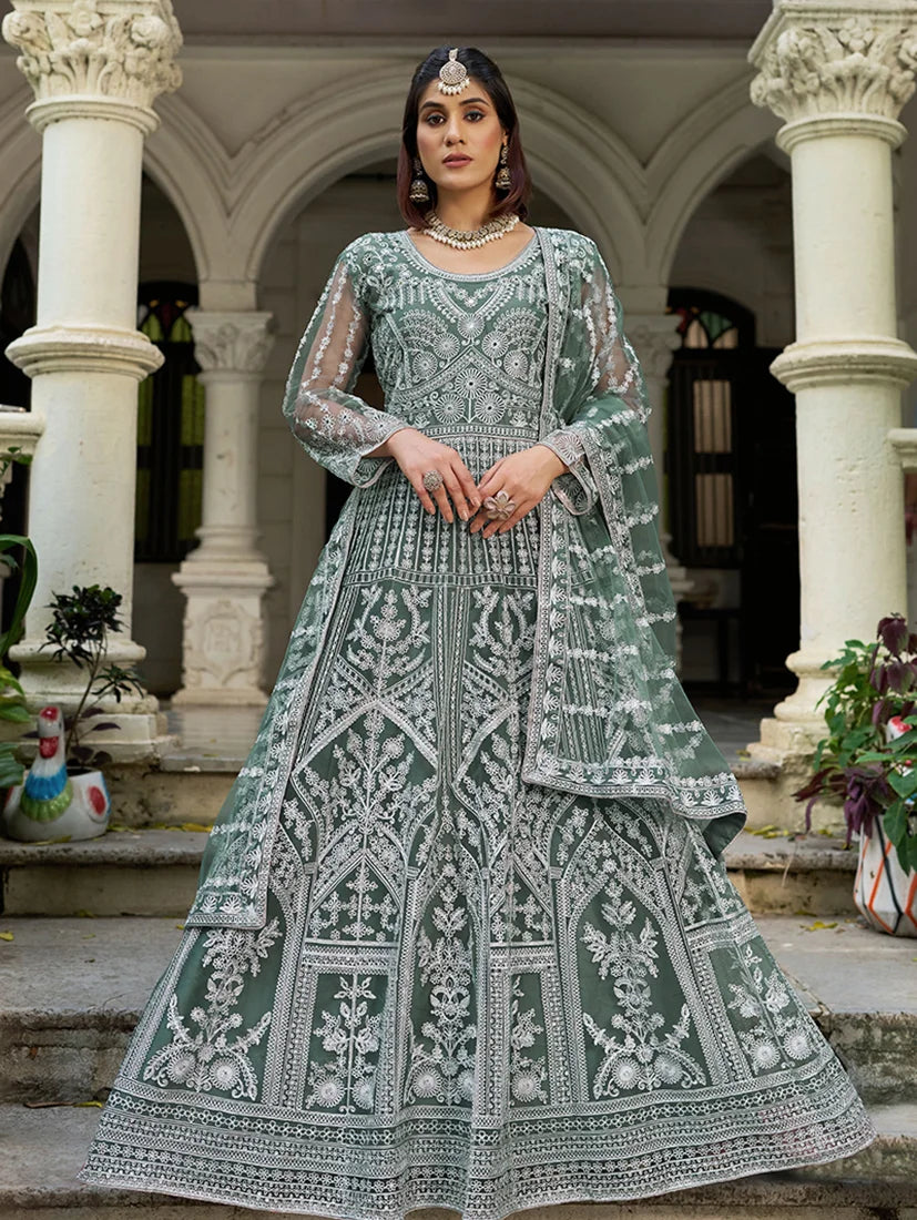Sea Green Net Anarkali with Arch Panel Embroidery, styled on model