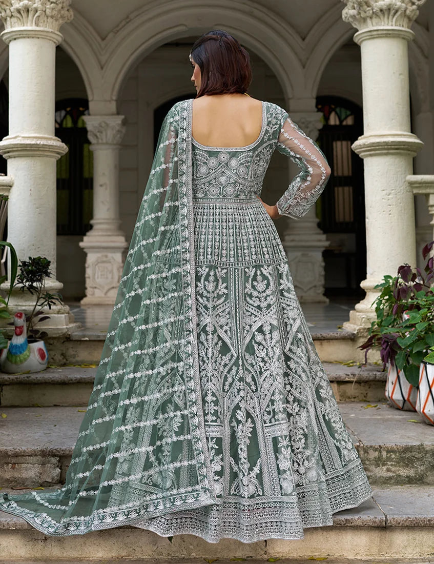 Sea Green Net Anarkali with Arch Panel Embroidery, back