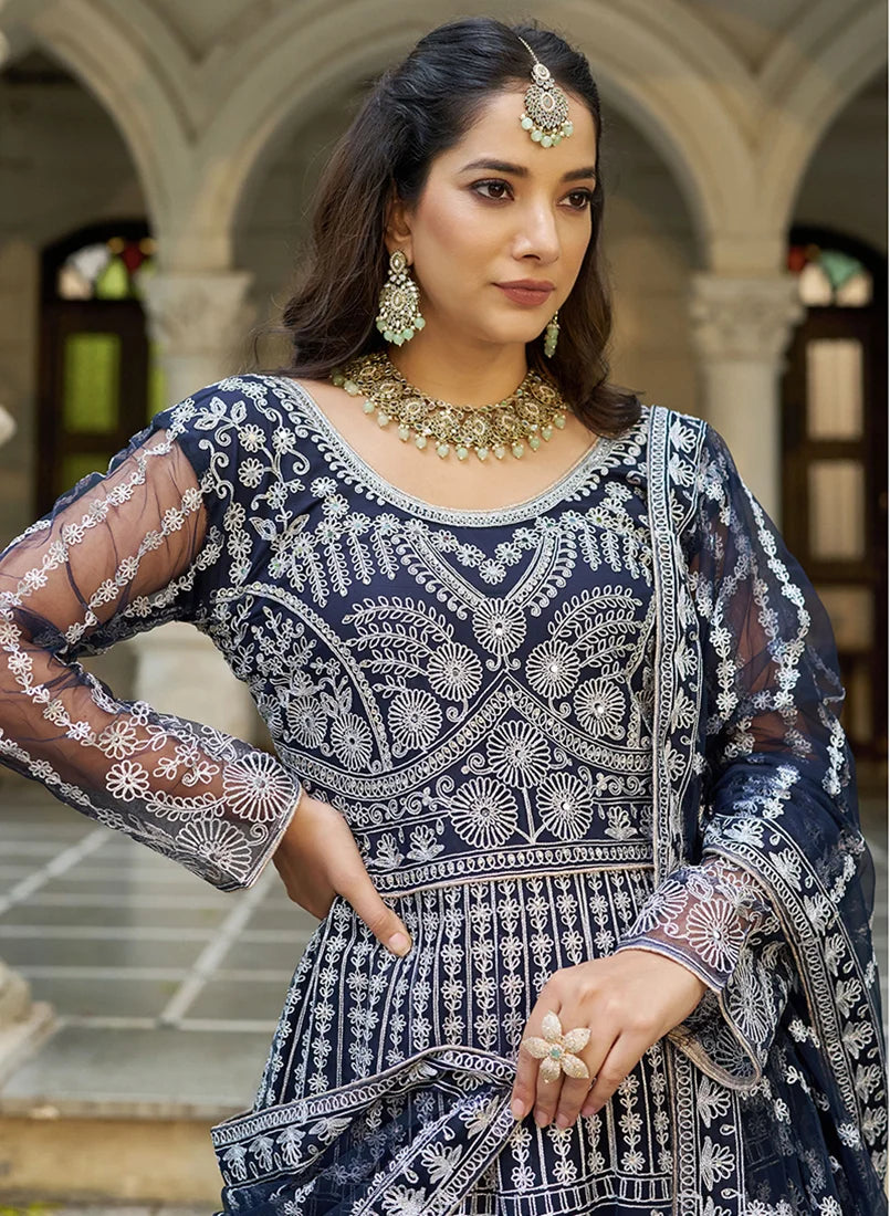 Navy Blue Net Anarkali with Arch Panel Embroidery, neckline close-up