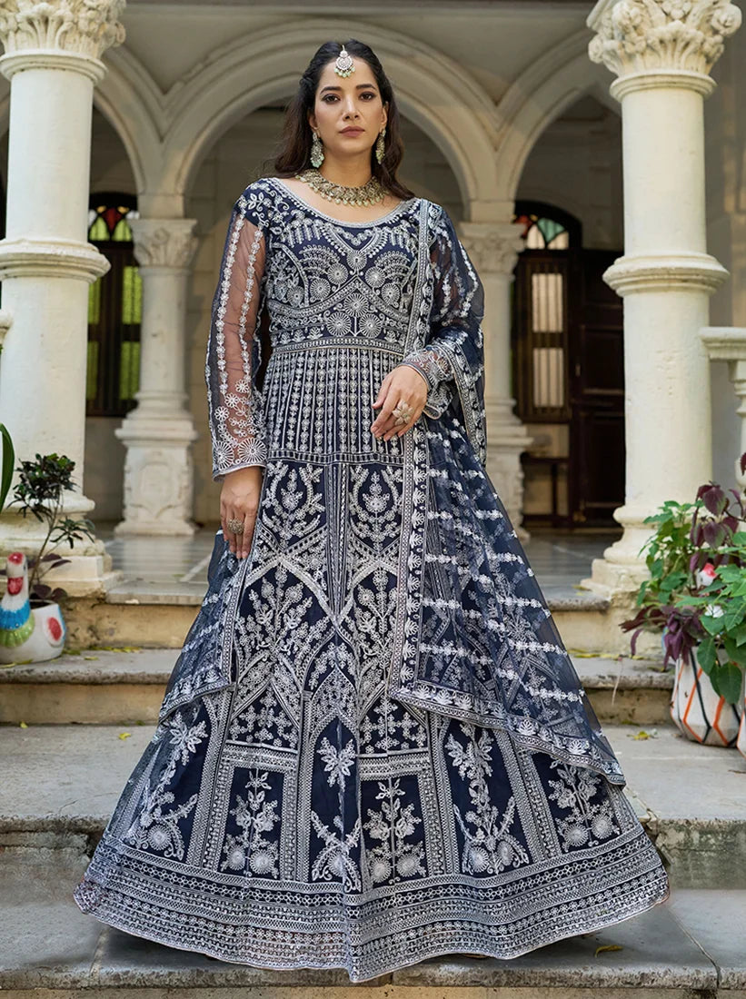 Navy Blue Net Anarkali with Arch Panel Embroidery, styled on model