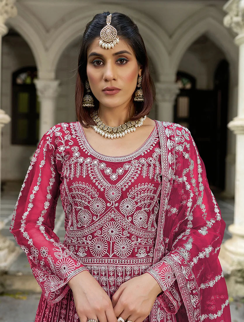Rani Pink Net Anarkali with Arch Panel Embroidery, neckline close-up