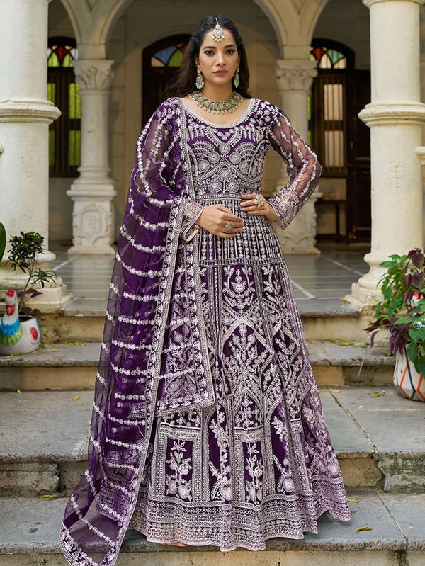 Purple Net Anarkali with Arch Panel Embroidery, front