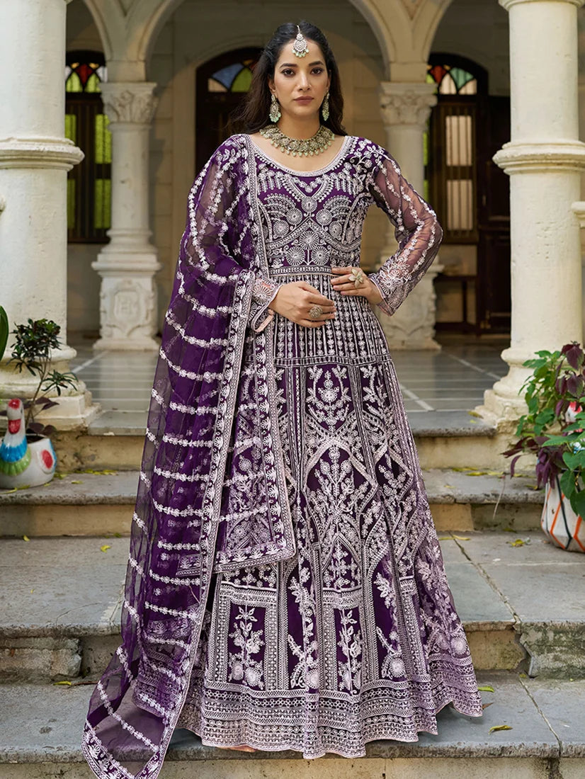 Purple Net Anarkali with Arch Panel Embroidery, front