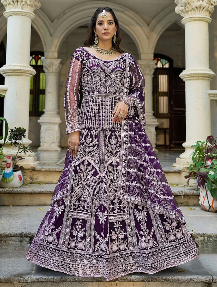 Purple Net Anarkali with Arch Panel Embroidery, styled on model