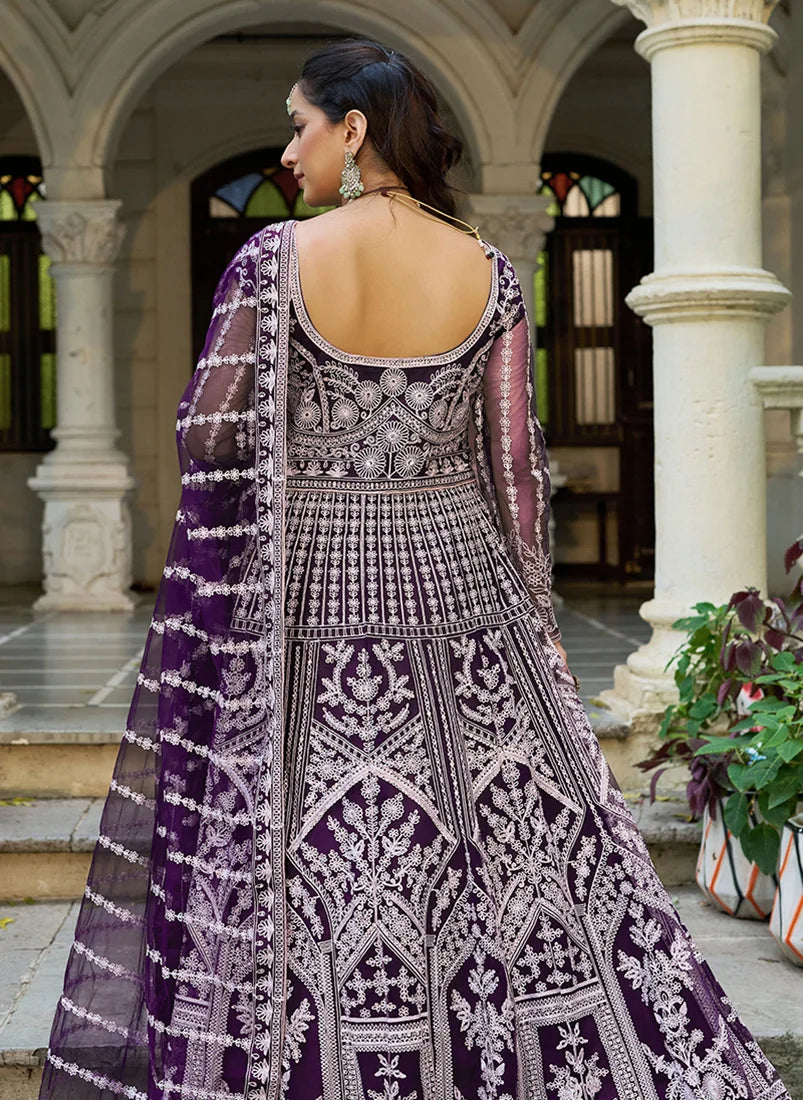 Purple Net Anarkali with Arch Panel Embroidery, back