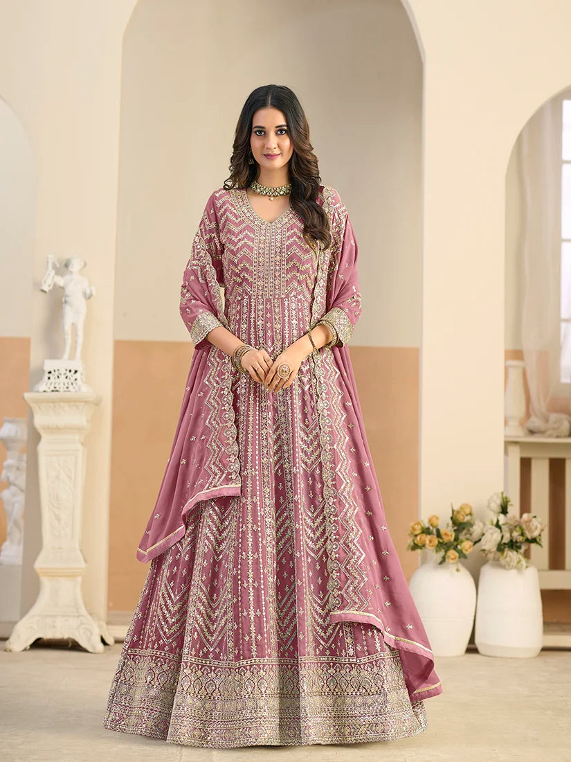 Pink Georgette Anarkali with Chevron Embroidery, front