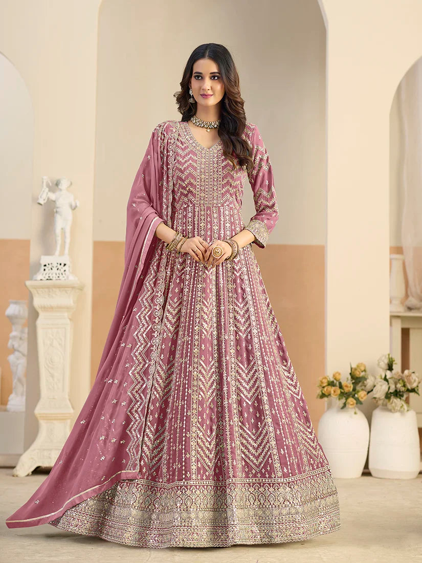 Pink Georgette Anarkali with Chevron Embroidery, styled on model