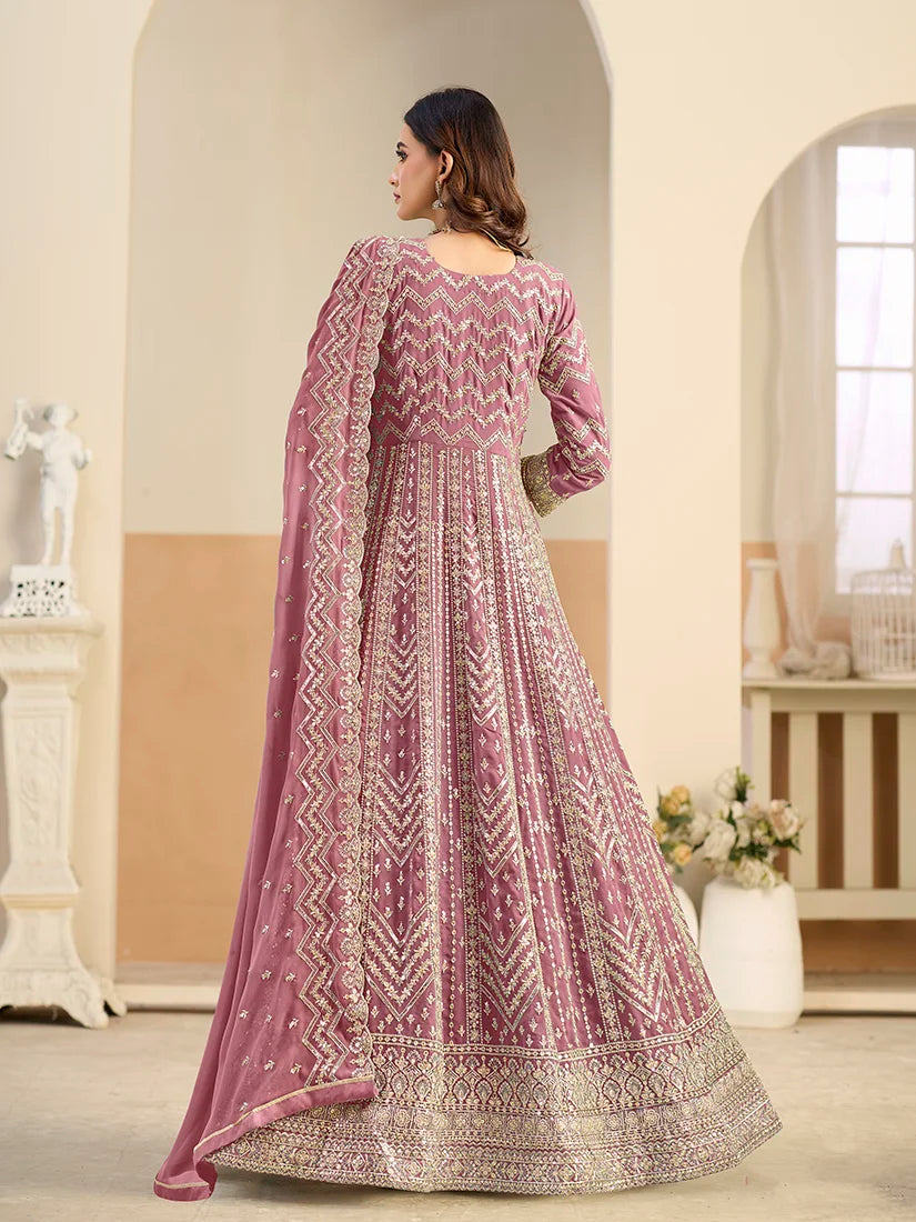 Pink Georgette Anarkali with Chevron Embroidery, back