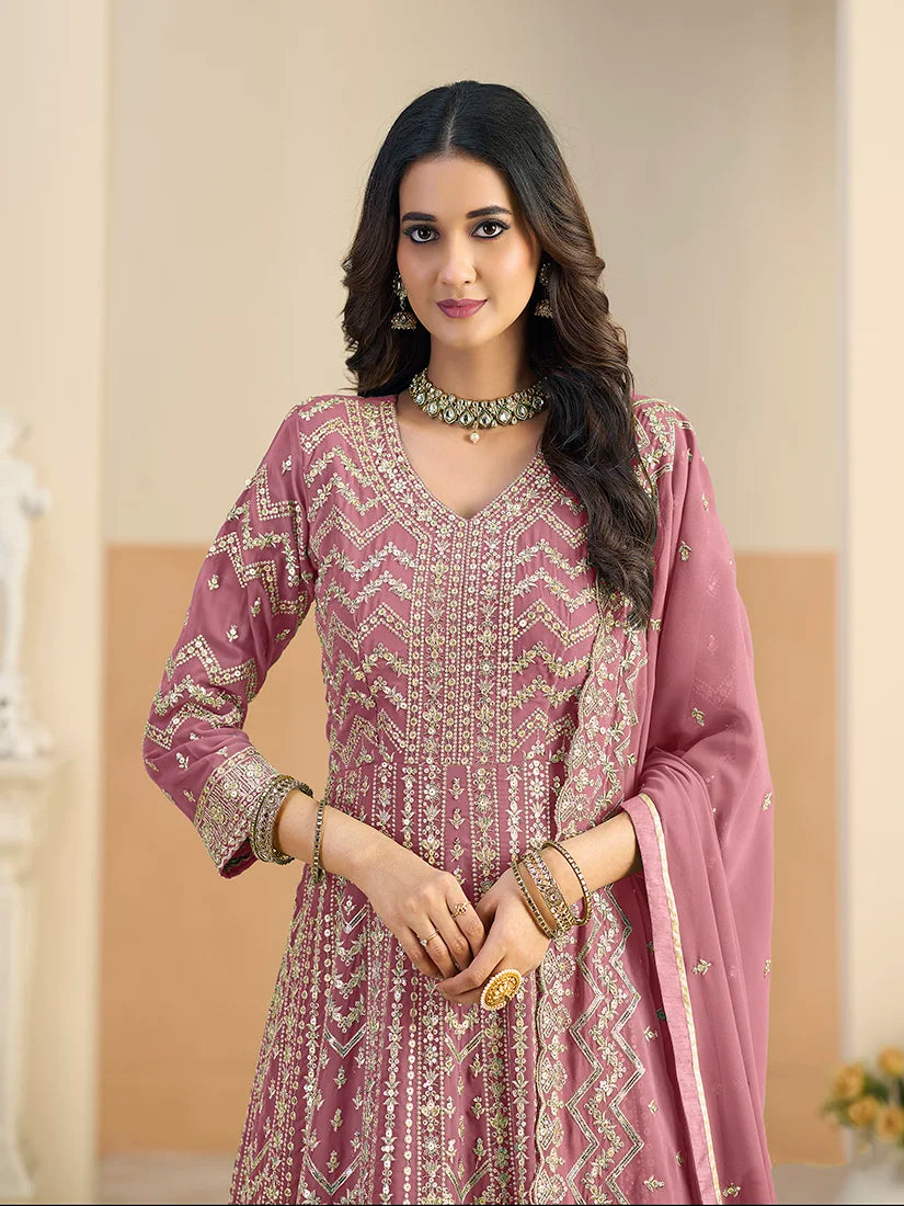 Pink Georgette Anarkali with Chevron Embroidery, neckline close-up