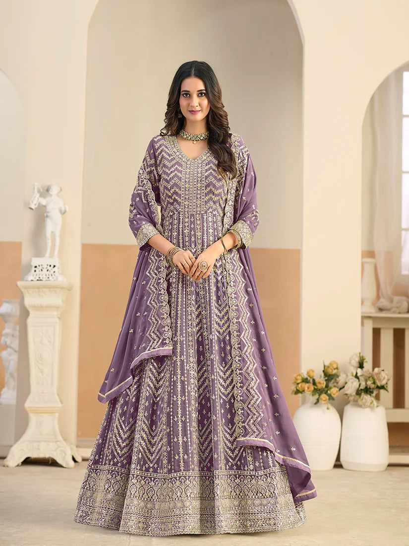 Lavender Georgette Anarkali with Chevron Embroidery, front