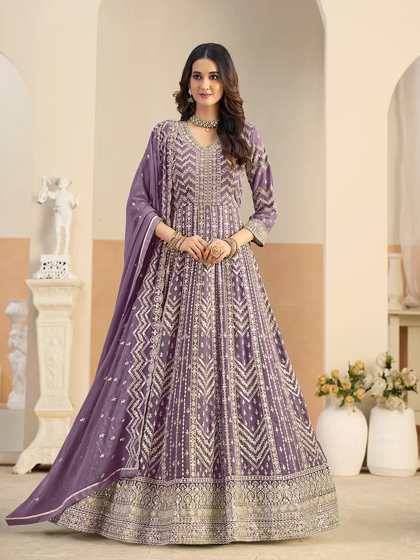 Lavender Georgette Anarkali with Chevron Embroidery, styled on model