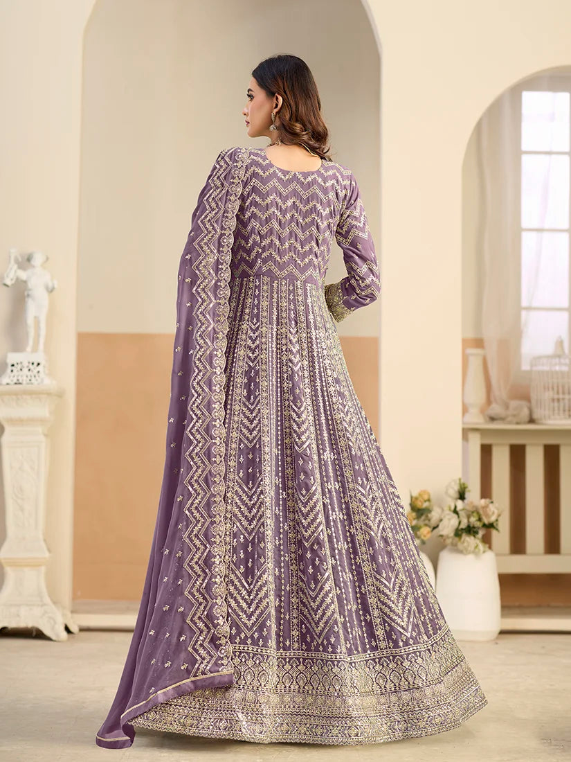 Lavender Georgette Anarkali with Chevron Embroidery, back