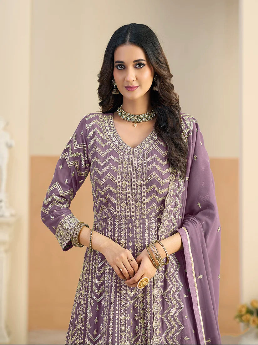 Lavender Georgette Anarkali with Chevron Embroidery, neckline close-up