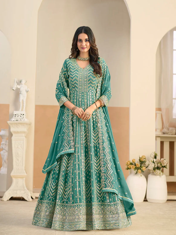 Turquoise Georgette Anarkali with Chevron Embroidery, front