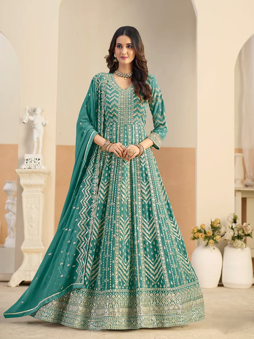 Turquoise Georgette Anarkali with Chevron Embroidery, styled on model
