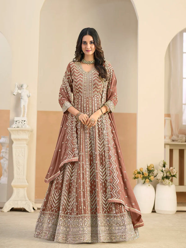 Brown Georgette Anarkali with Chevron Embroidery, front