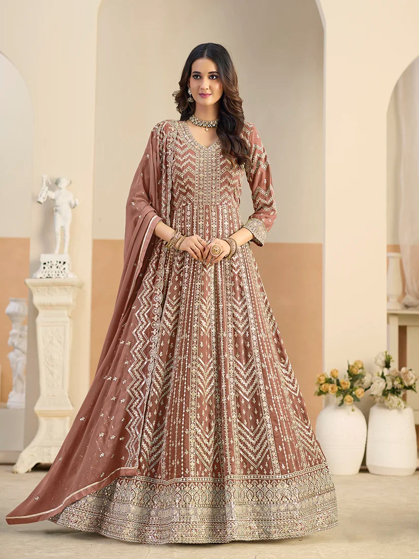 Brown Georgette Anarkali with Chevron Embroidery, styled on model
