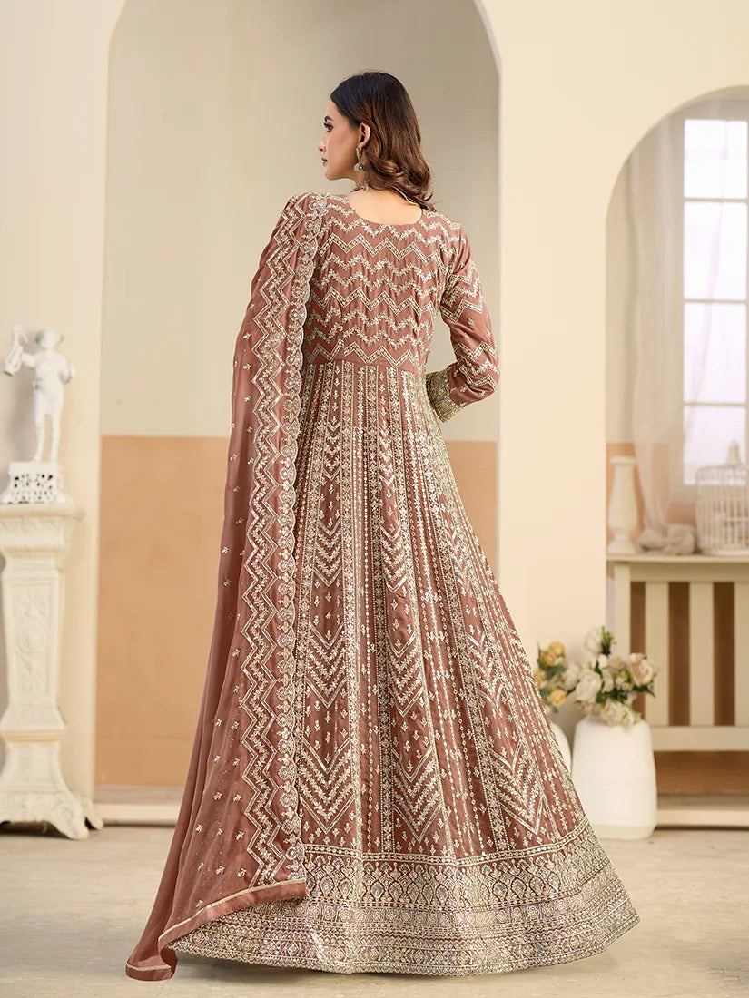 Brown Georgette Anarkali with Chevron Embroidery, back