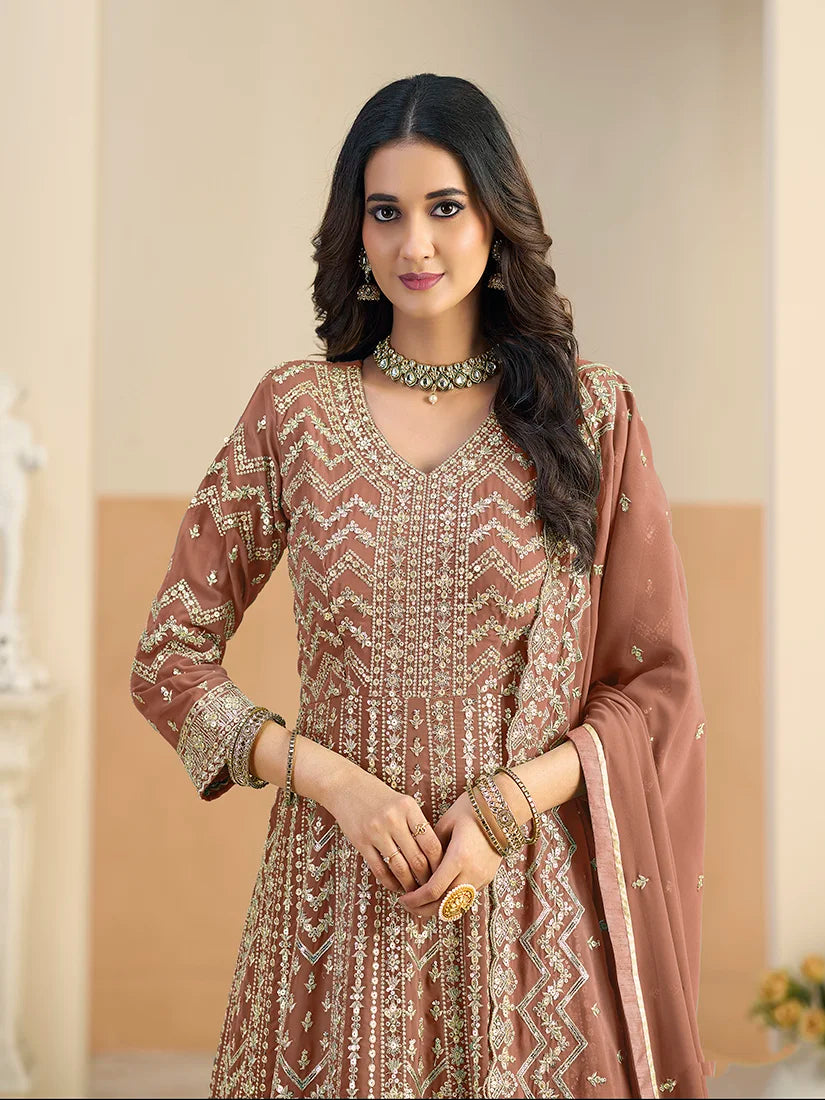 Brown Georgette Anarkali with Chevron Embroidery, neckline close-up