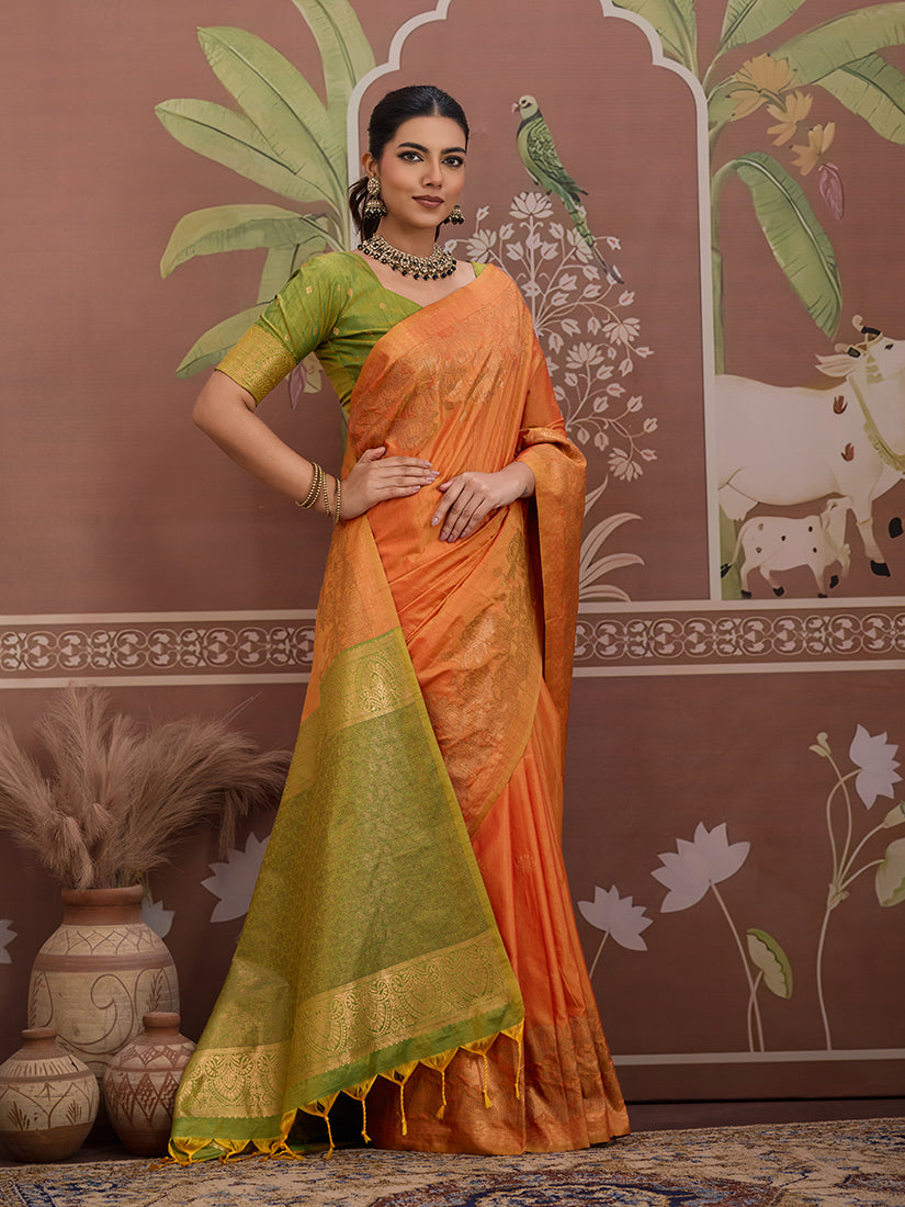 Tussar Silk Orange Handloom Weaving Traditional Saree