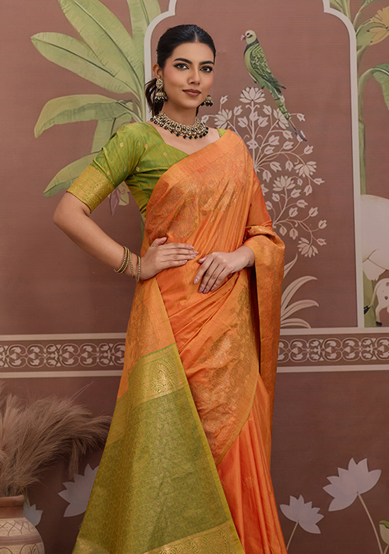 Tussar Silk Orange Handloom Weaving Traditional Saree