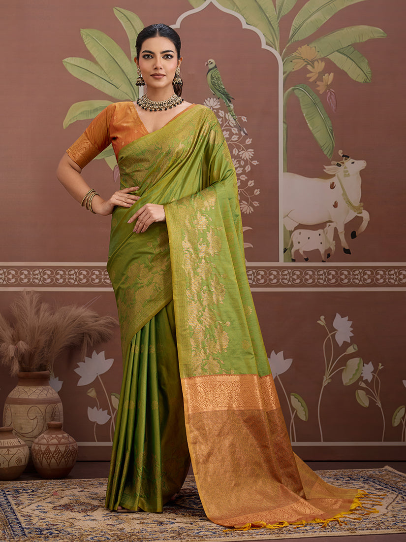 Tussar Silk Green Handloom Weaving Traditional Saree