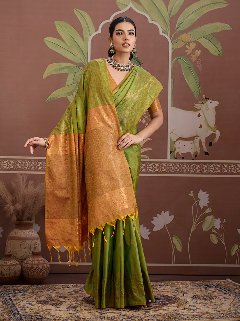 Tussar Silk Green Handloom Weaving Traditional Saree