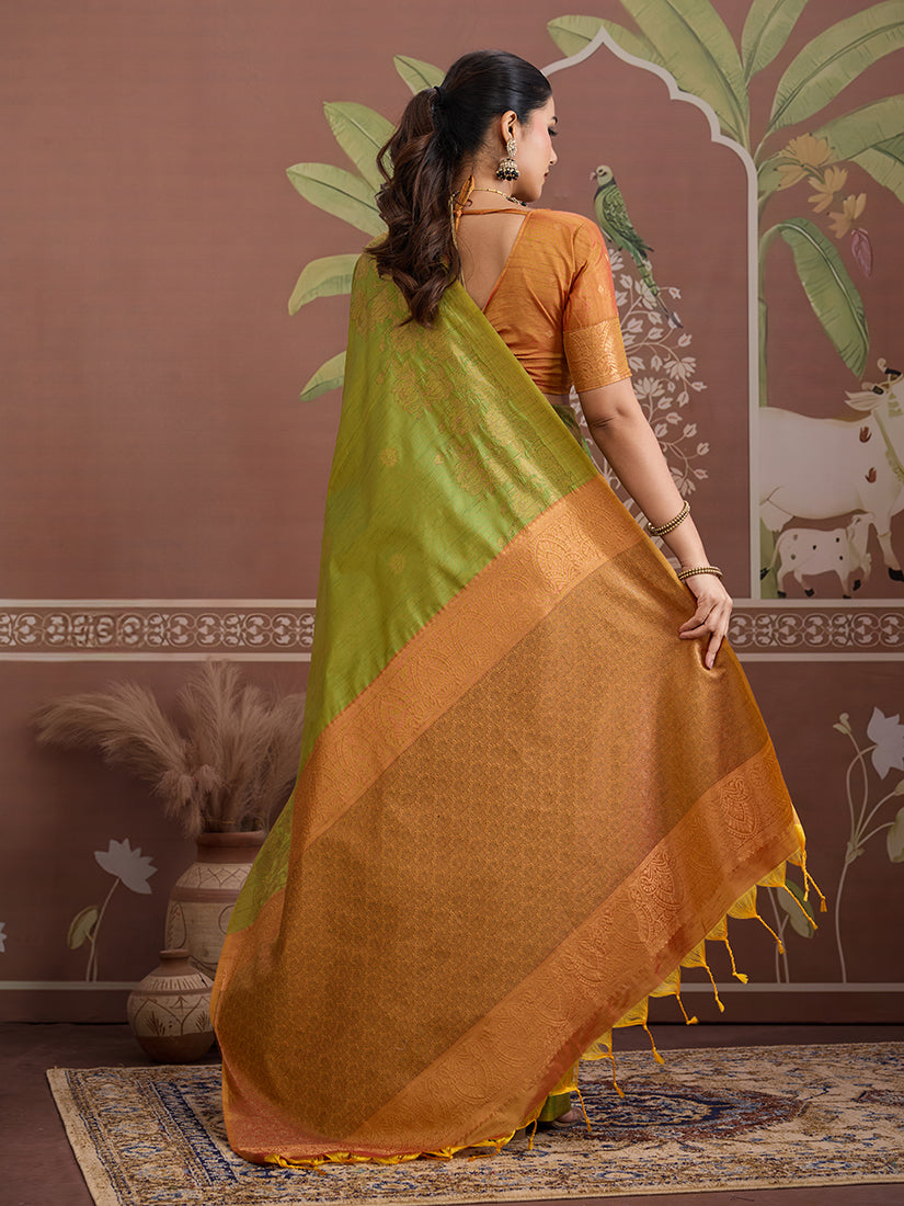 Tussar Silk Green Handloom Weaving Traditional Saree