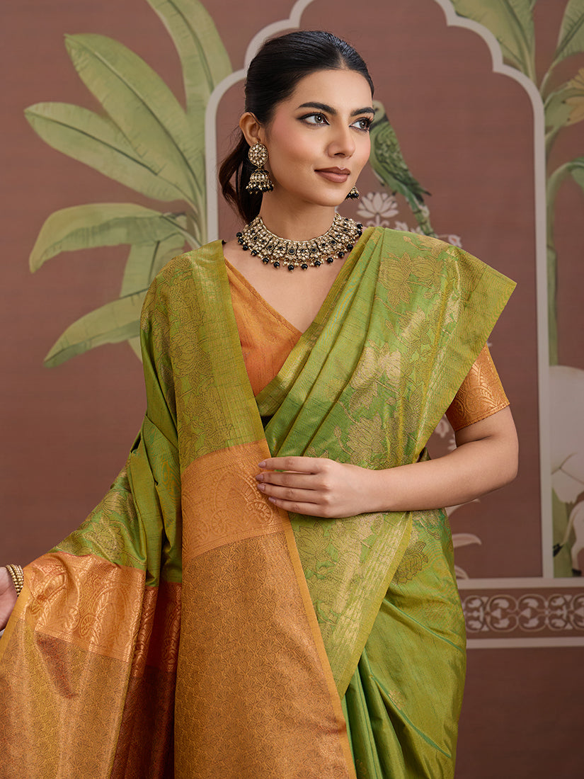 Tussar Silk Green Handloom Weaving Traditional Saree