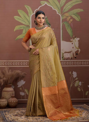 Tussar Silk Beige Handloom Weaving Traditional Saree