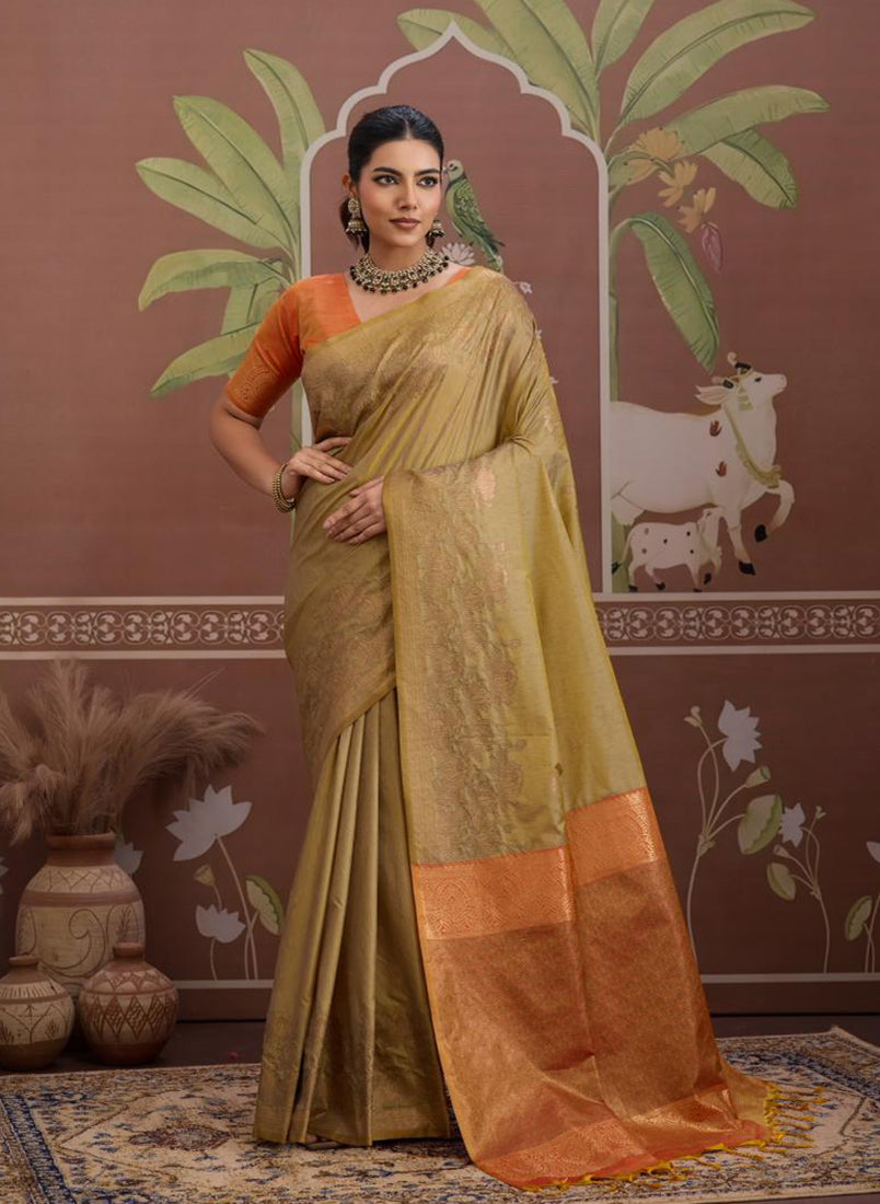 Tussar Silk Beige Handloom Weaving Traditional Saree