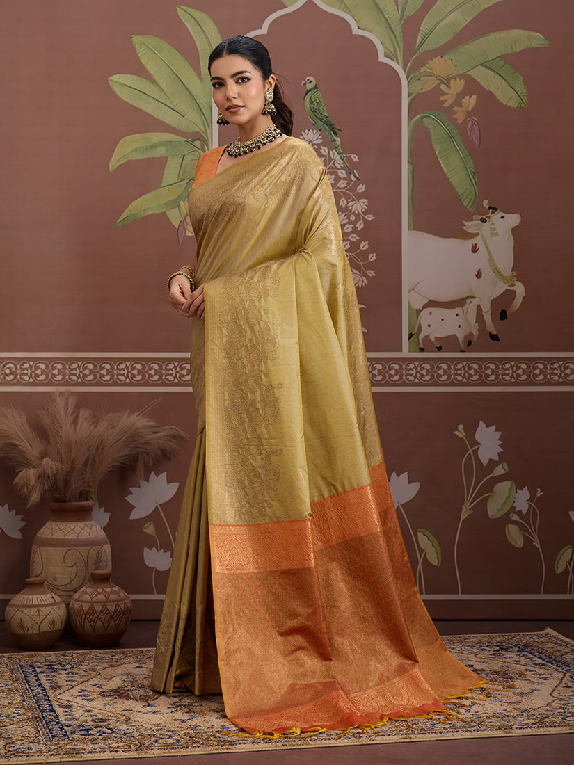 Tussar Silk Beige Handloom Weaving Traditional Saree