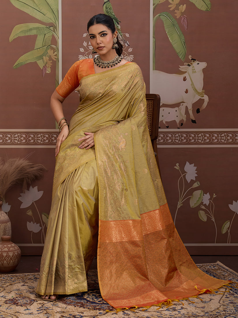 Tussar Silk Beige Handloom Weaving Traditional Saree
