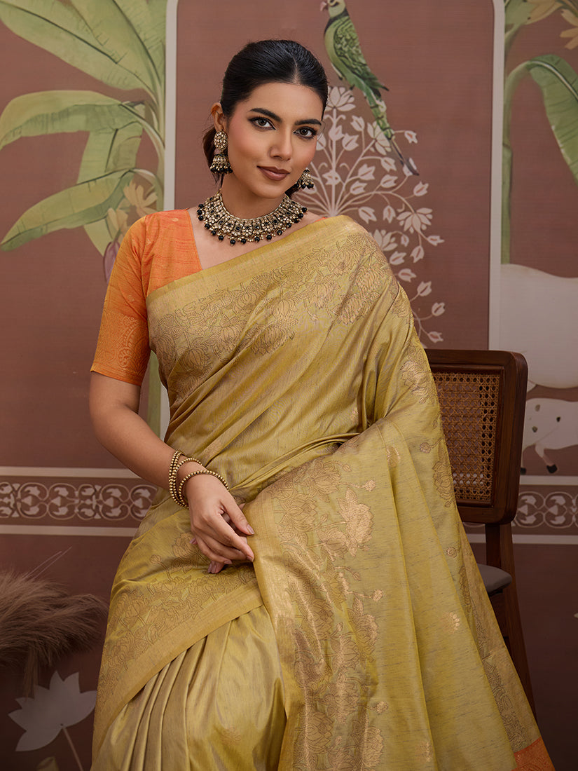 Tussar Silk Beige Handloom Weaving Traditional Saree