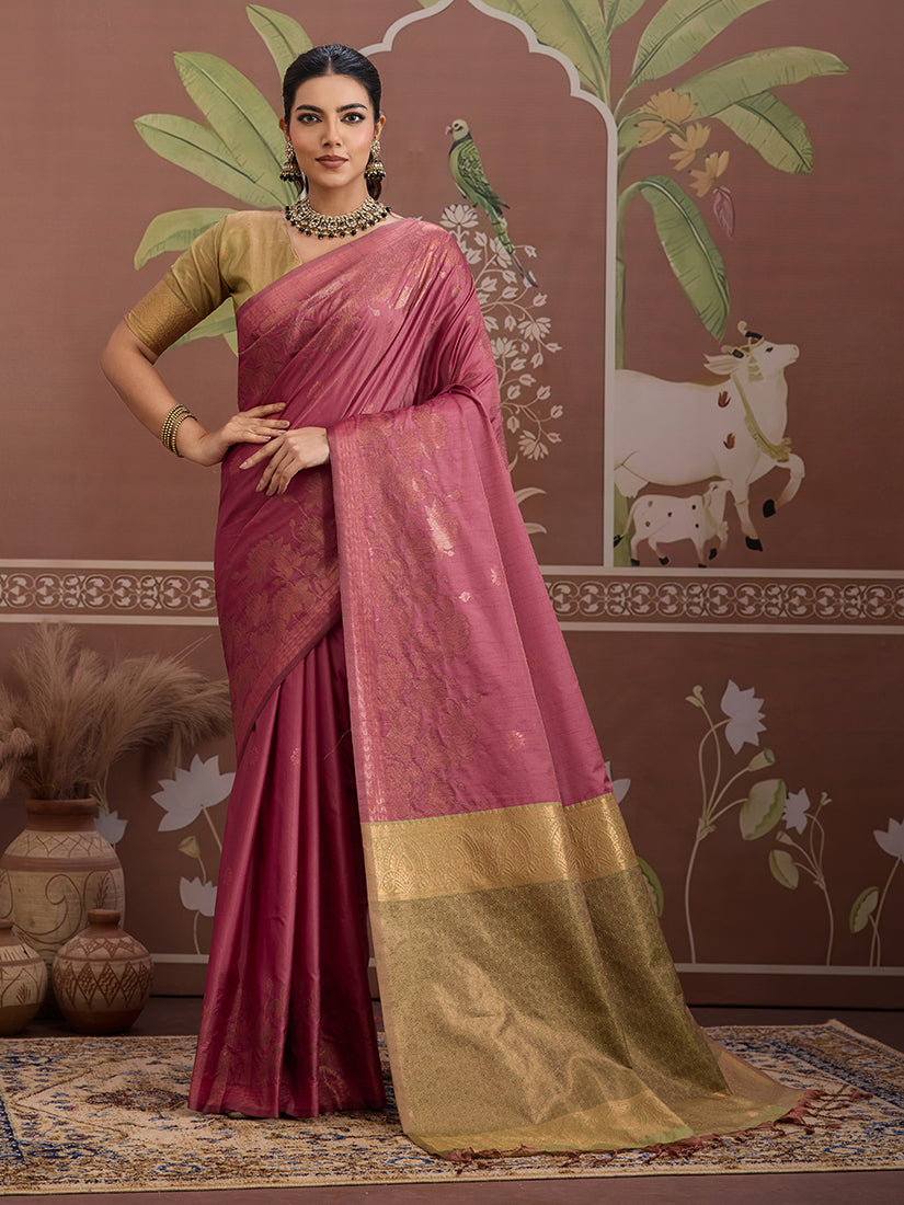 Tussar Silk Onion Pink Handloom Weaving Traditional Saree