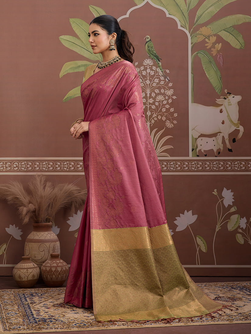 Tussar Silk Onion Pink Handloom Weaving Traditional Saree