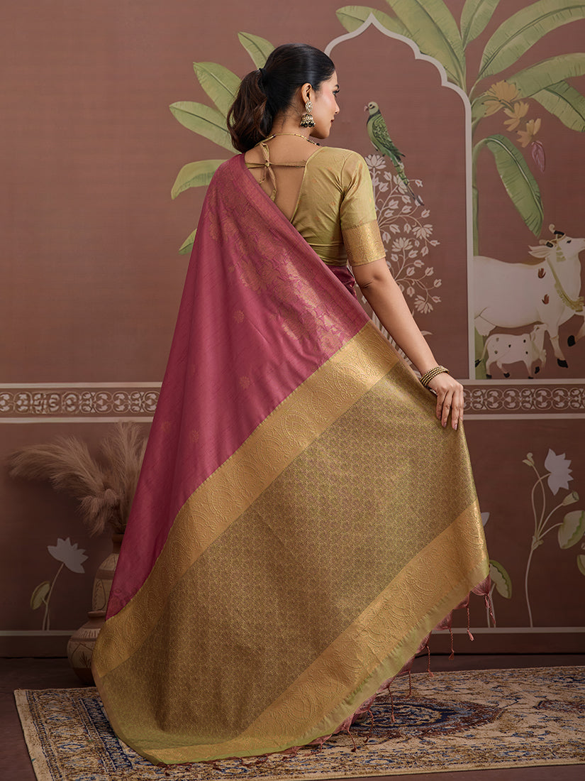 Tussar Silk Onion Pink Handloom Weaving Traditional Saree