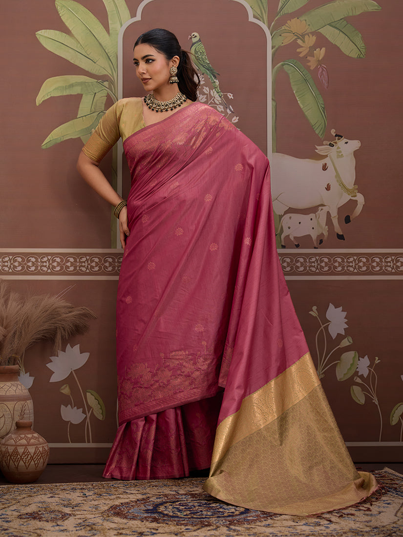 Tussar Silk Onion Pink Handloom Weaving Traditional Saree
