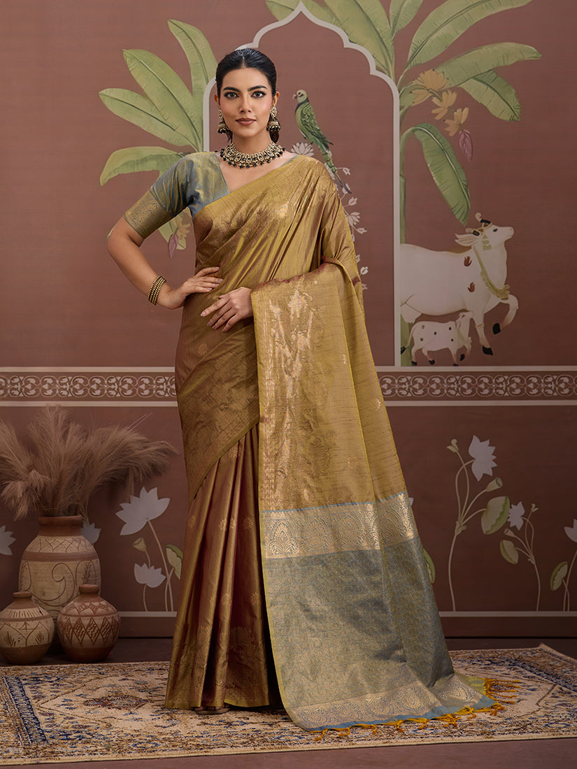 Tussar Silk Dark Beige Handloom Weaving Traditional Saree