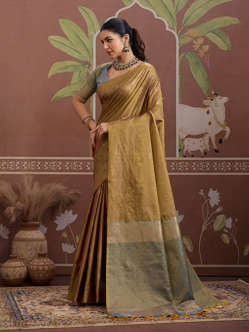 Tussar Silk Dark Beige Handloom Weaving Traditional Saree